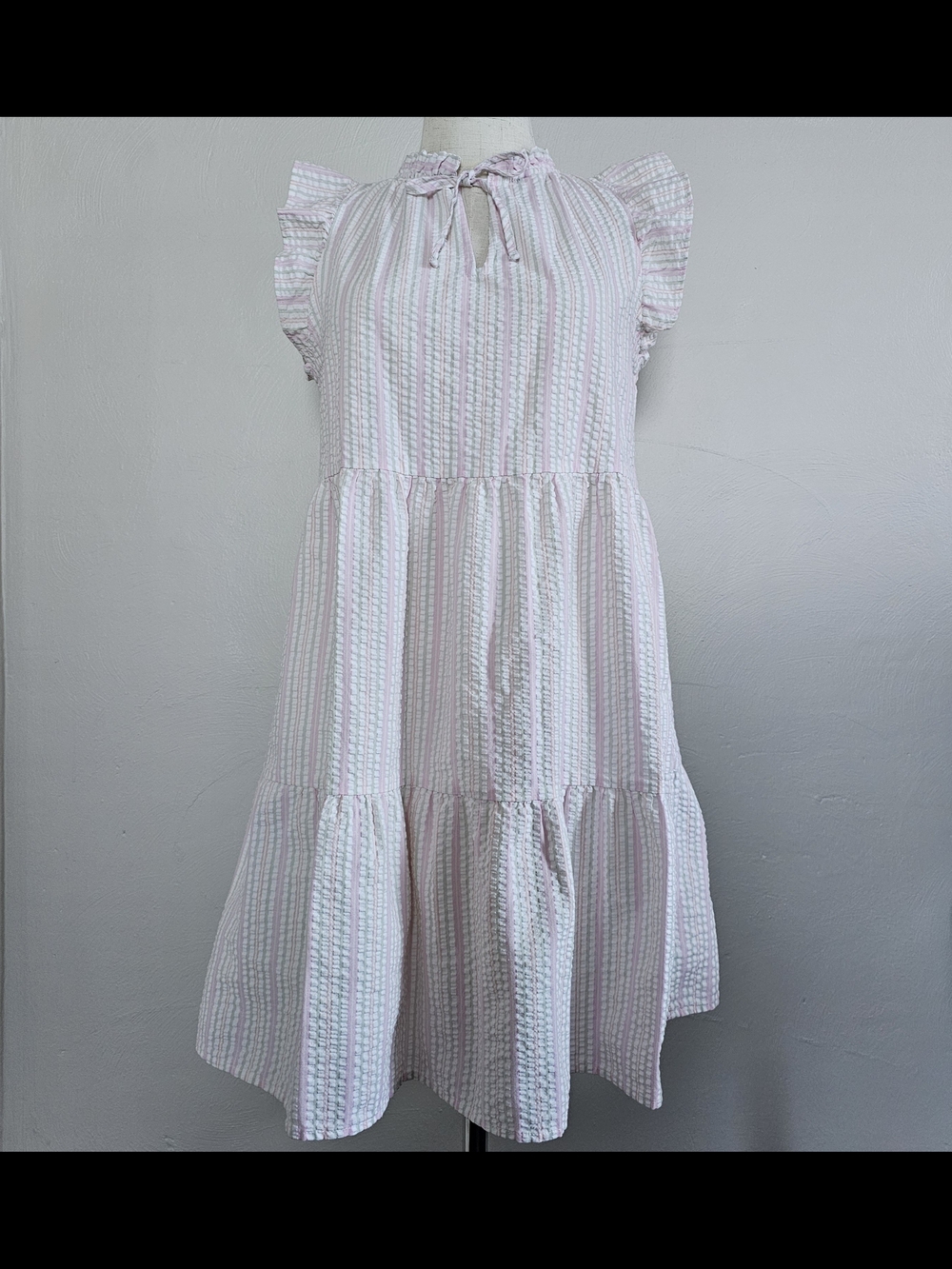 Time and True Pink & White Striped Tie-Neck Tiered Midi Dress